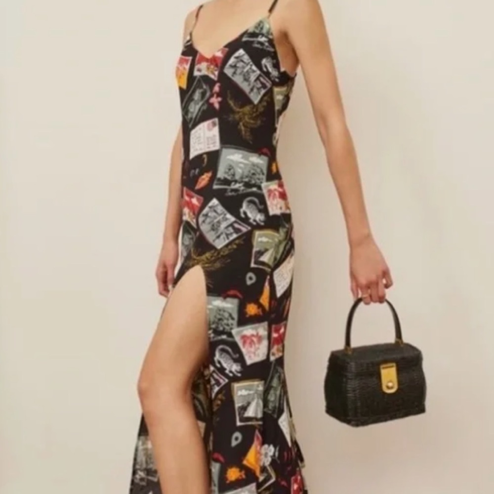 Reformation V-Neck Postcards Midi Dress Black Size 2